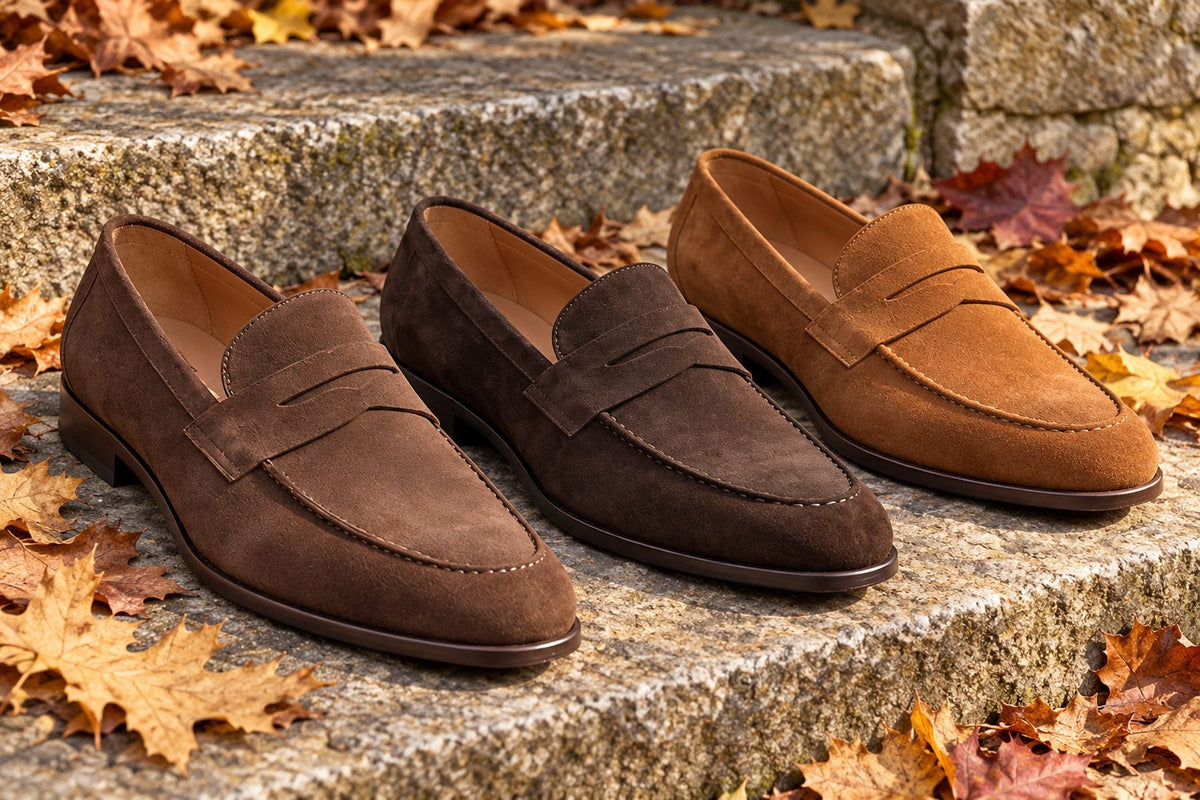 Brown, dark brown and tan suede-look penny loafers on a stone step covered in fall leaves