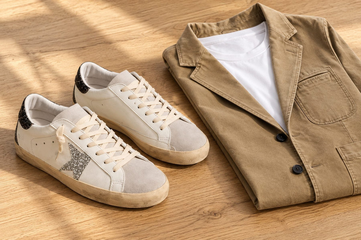White and silver casual leather sneakers next to a folded khaki blazer and white tee on light oak