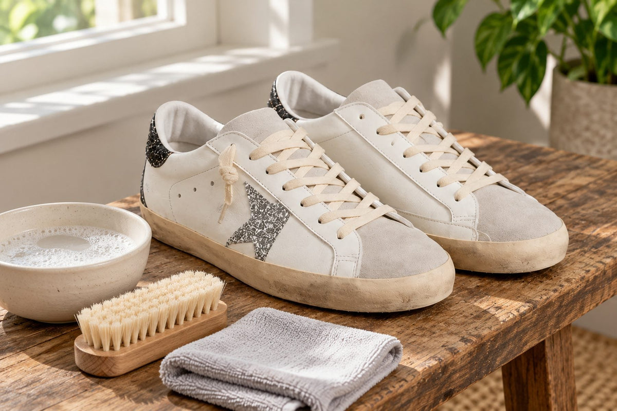 White and silver leather sneakers on a wooden bench beside a bowl of soapy water, a soft brush and a microfiber cloth