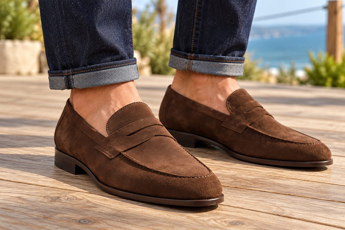 Rolled dark denim hem and bare ankles with brown penny loafers on a wooden floor