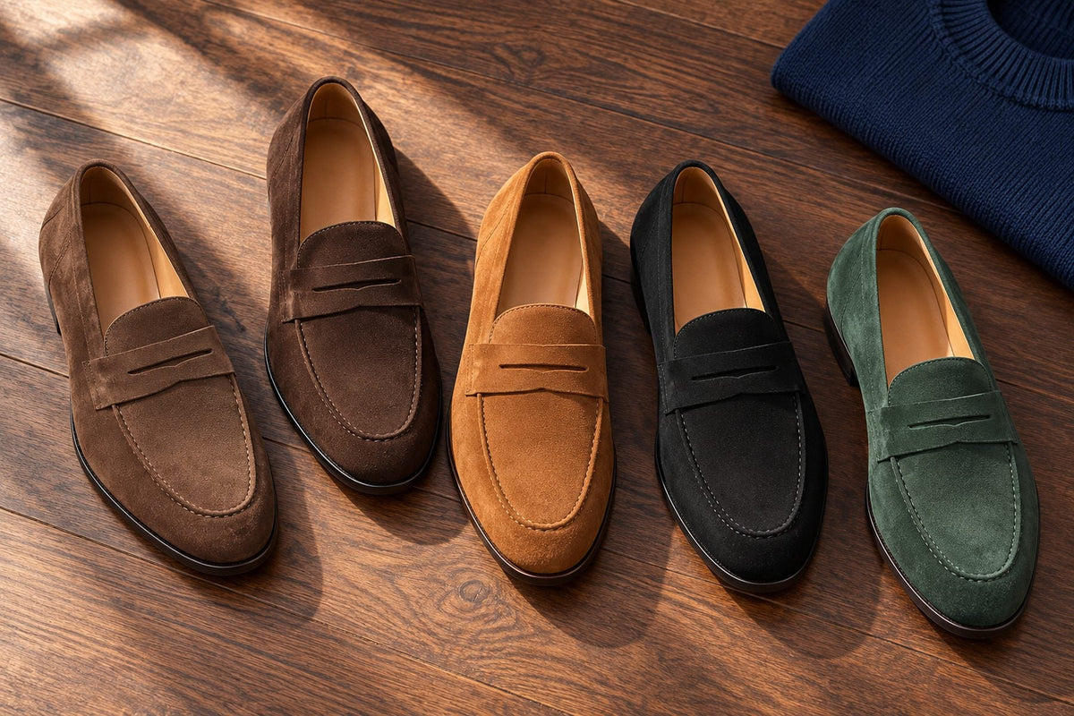 Men's penny loafers in brown, dark brown, tan, black and green suede-look finishes on a walnut floor