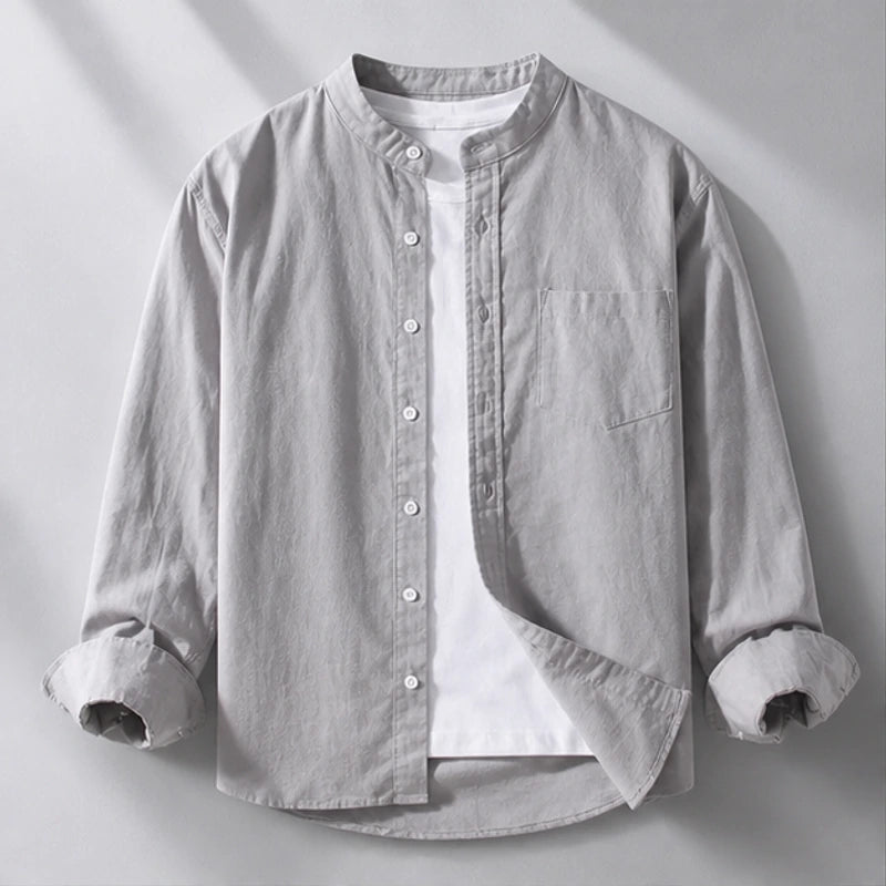 Amalfi Linen Mandarin Collar Shirt - Gray - Shirt - Hendlys - Image 1