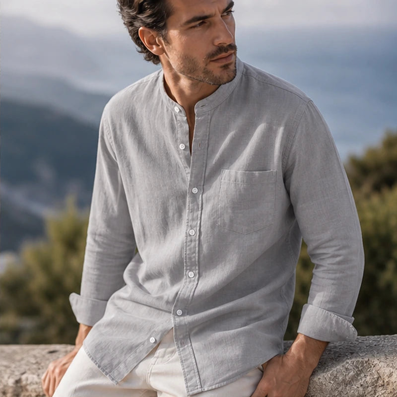 Amalfi Linen Mandarin Collar Shirt - Gray - lightweight - Hendlys - Image 6