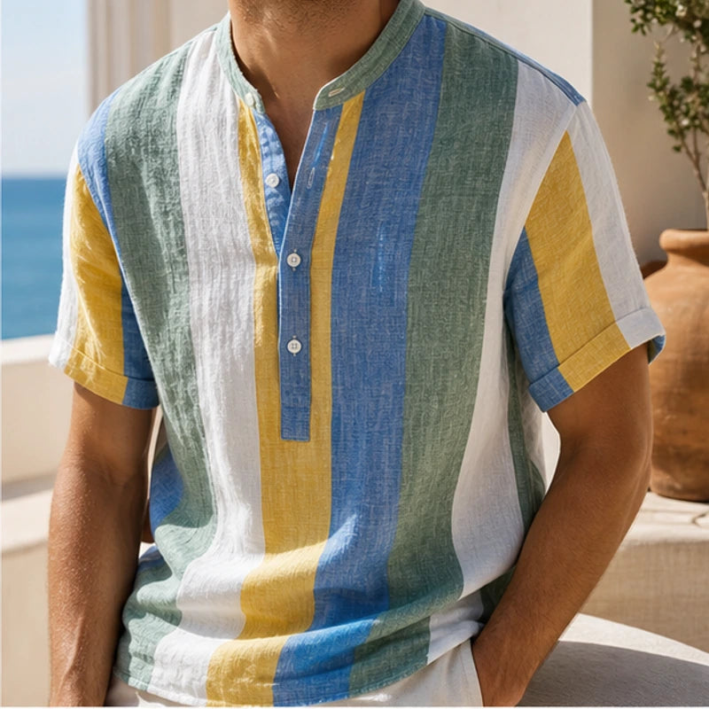 Santorina Striped Linen Henley Shirt - Green - cotton linen - Hendlys - Image 5