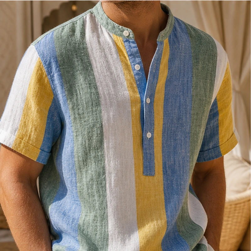 Santorina Striped Linen Henley Shirt - Green - striped shirt - Hendlys - Image 6