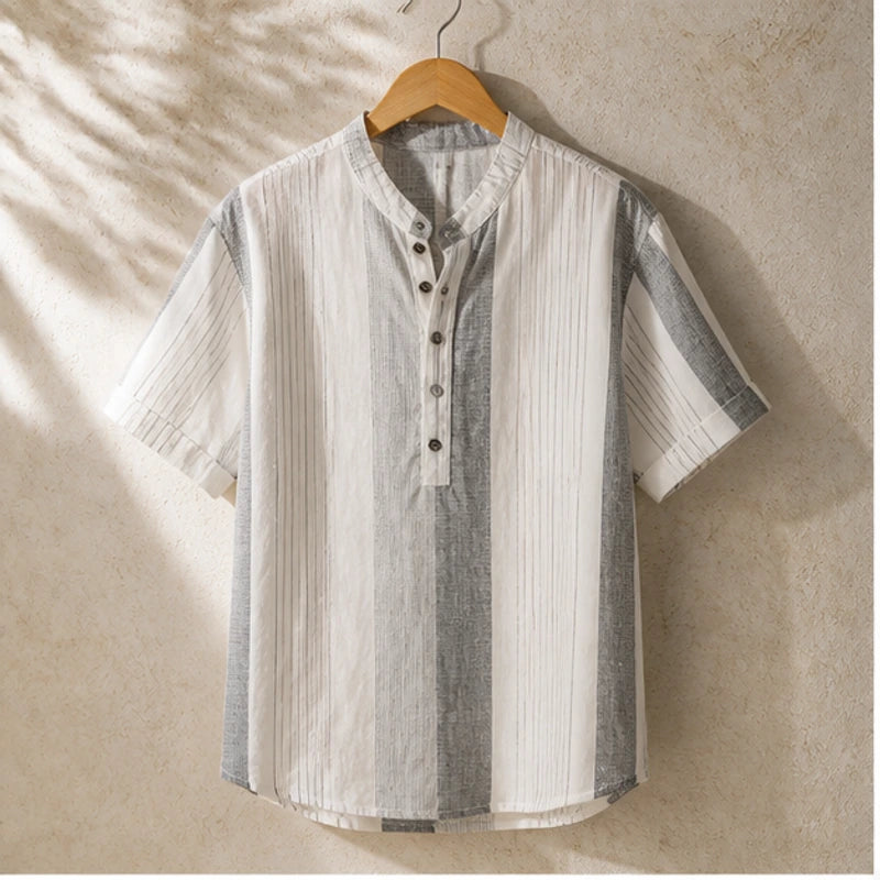 Santorina Striped Linen Henley Shirt - White - Shirt - Hendlys - Image 1