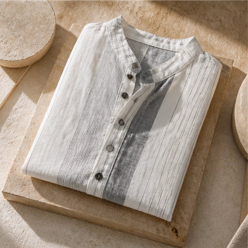 Santorina Striped Linen Henley Shirt - White - henley shirt - Hendlys - Image 3