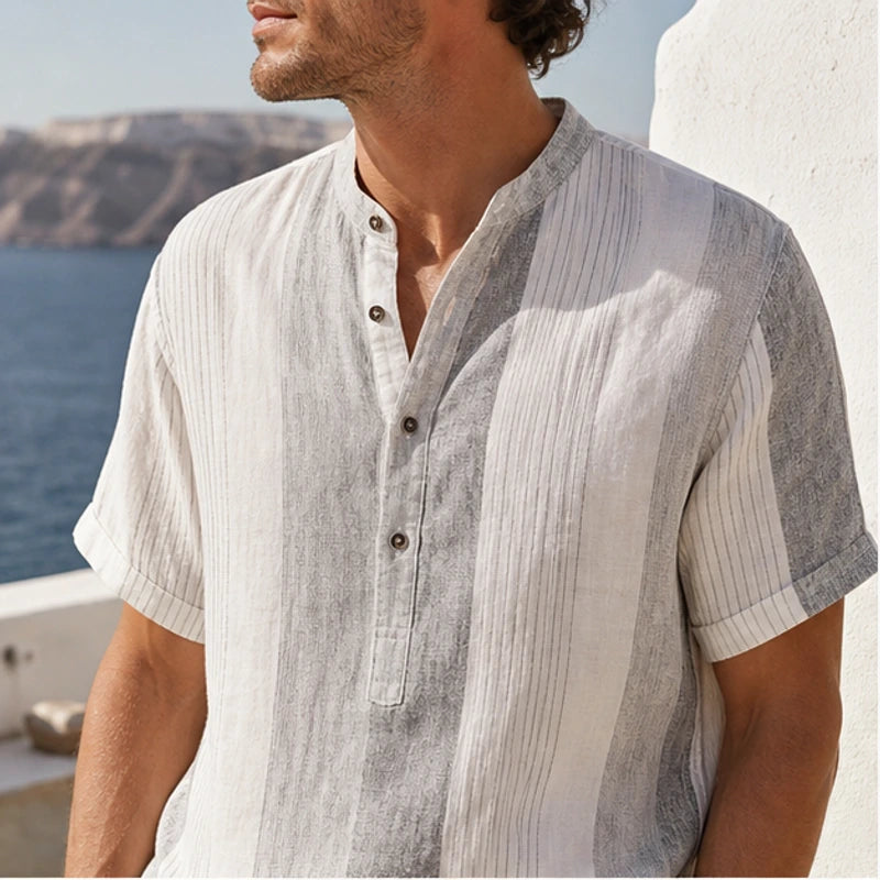 Santorina Striped Linen Henley Shirt - White - linen shirt - Hendlys - Image 4