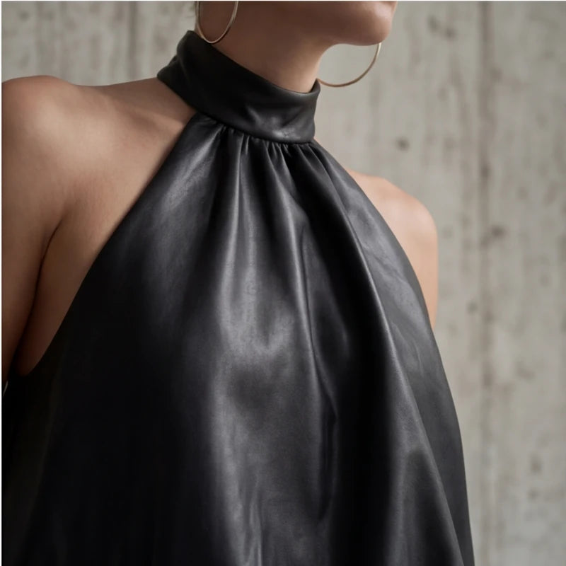 Jenna Hale Backless Leather Mini Dress - Black - halter neck - Hendlys - Image 6