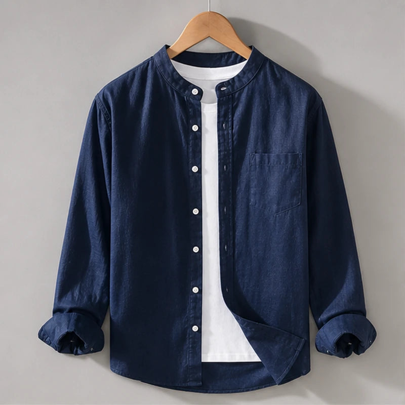 Amalfi Linen Mandarin Collar Shirt - Blue - Shirt - Hendlys - Image 1