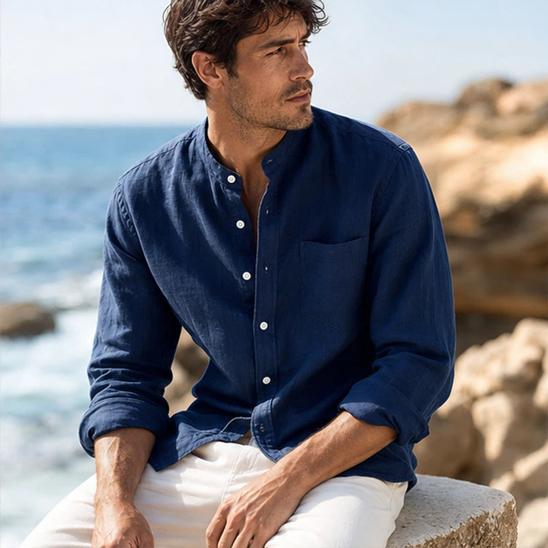 Amalfi Linen Mandarin Collar Shirt - Blue - spring shirt - Hendlys - Image 7