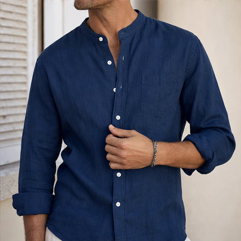 Amalfi Linen Mandarin Collar Shirt - Blue - lightweight - Hendlys - Image 6