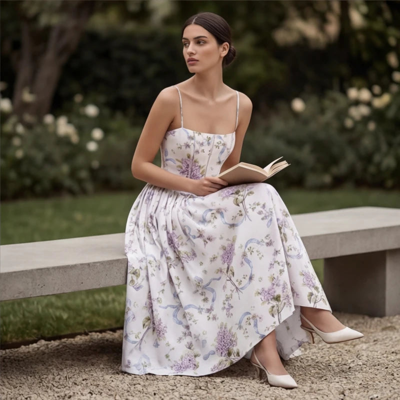 Venita Floral Maxi Dress - Lilac Flower - spaghetti strap - Hendlys - Image 5
