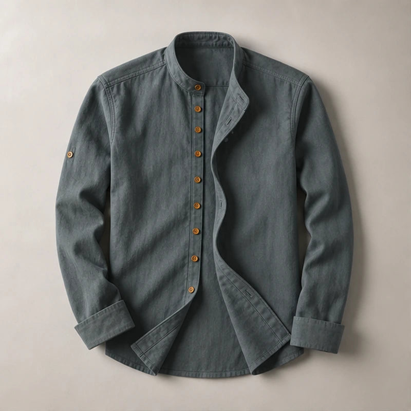 Yoake Mandarin Collar Shirt - Charcoal - Shirt - Hendlys - Image 1