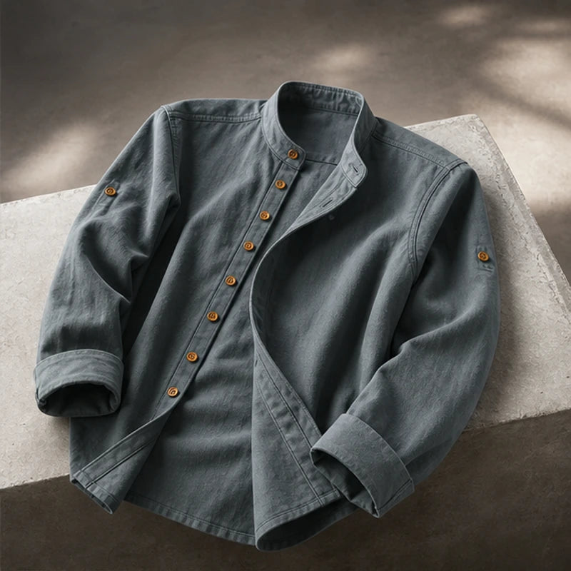 Yoake Mandarin Collar Shirt - Charcoal - men's shirt - Hendlys - Image 2