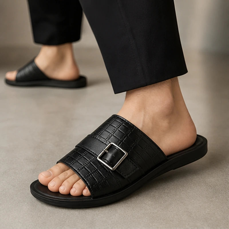 Mariner Croc-Embossed Leather Sandal - Black - leather sandals - Hendlys - Image 3