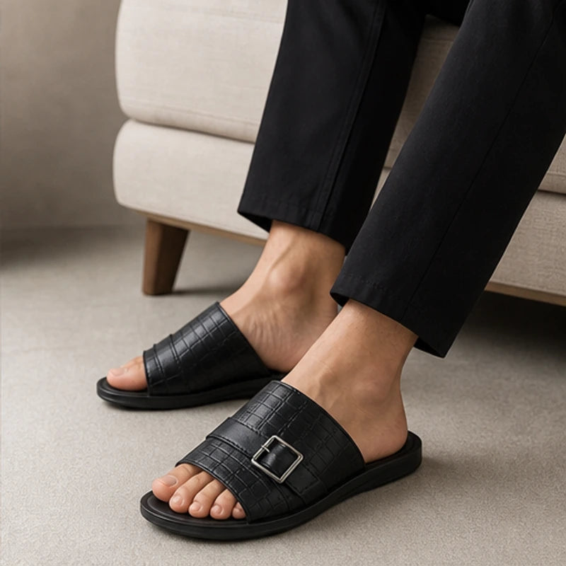Mariner Croc-Embossed Leather Sandal - Black - croc embossed - Hendlys - Image 4