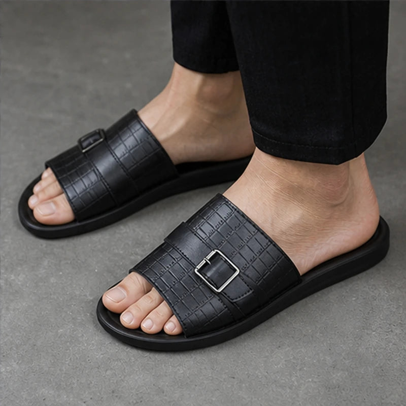 Mariner Croc-Embossed Leather Sandal - Black - slide sandals - Hendlys - Image 5