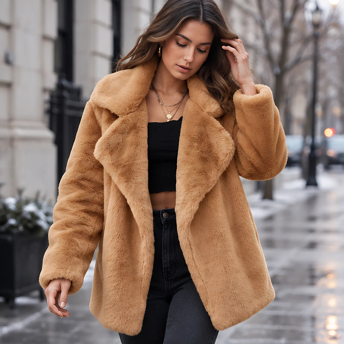 Adela Women's Oversized-Lapel Fur Coat - Brown - Women > Jacket - Hendlys - Image 2