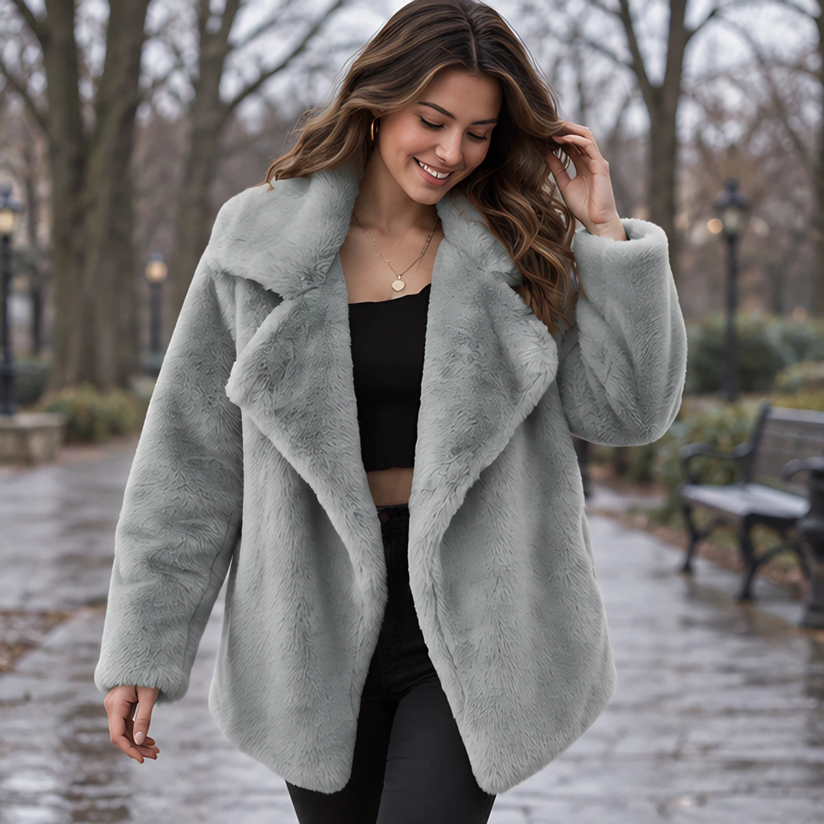 Adela Women's Oversized-Lapel Fur Coat - Gray - Women > Jacket - Hendlys - Image 2