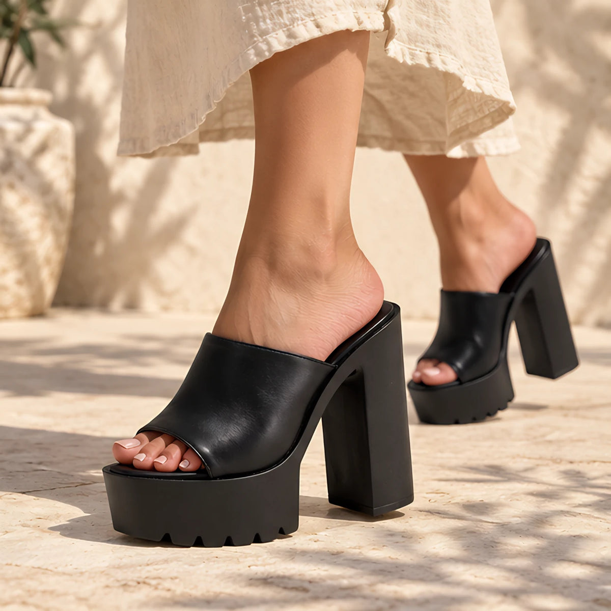 Adrienne Women's Platform Block-Heel Mules - Black - platform heels - Hendlys - Image 4