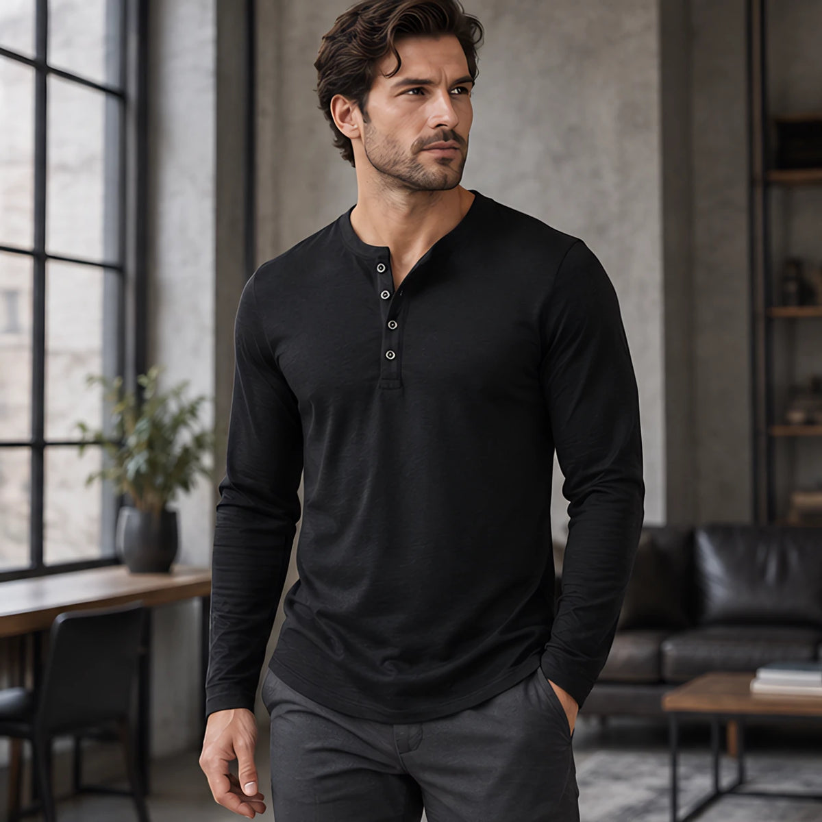 Ainsworth Men's Long Sleeve Henley Shirt - Black - Men's Clothing > Shirts > Henley Shirts - Hendlys - Image 1