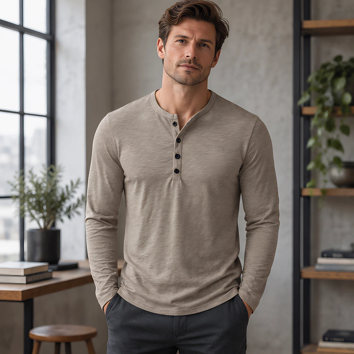Ainsworth Men's Long Sleeve Henley Shirt - Beige - Men's Clothing > Shirts > Henley Shirts - Hendlys - Image 1
