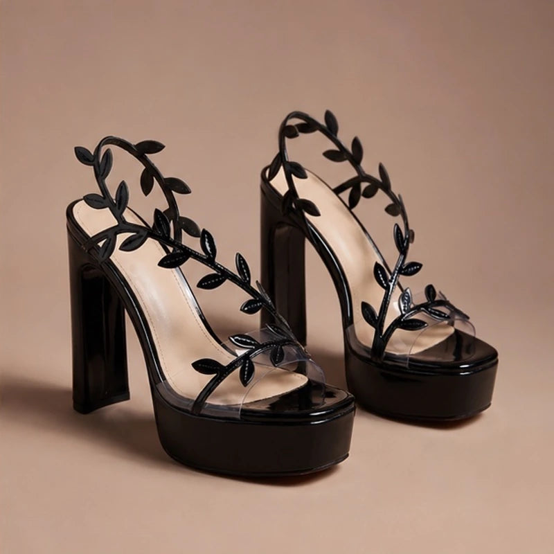 Alana Leaf Detail Heels - Black - chunky heel - Hendlys - Image 3