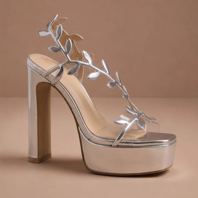 Alana Leaf Detail Heels - Silver - chunky heel - Hendlys - Image 3