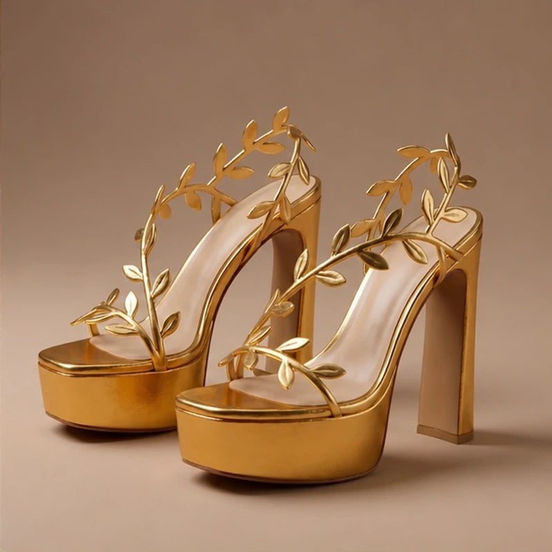 Alana Leaf Detail Heels - Gold - chunky heel - Hendlys - Image 3