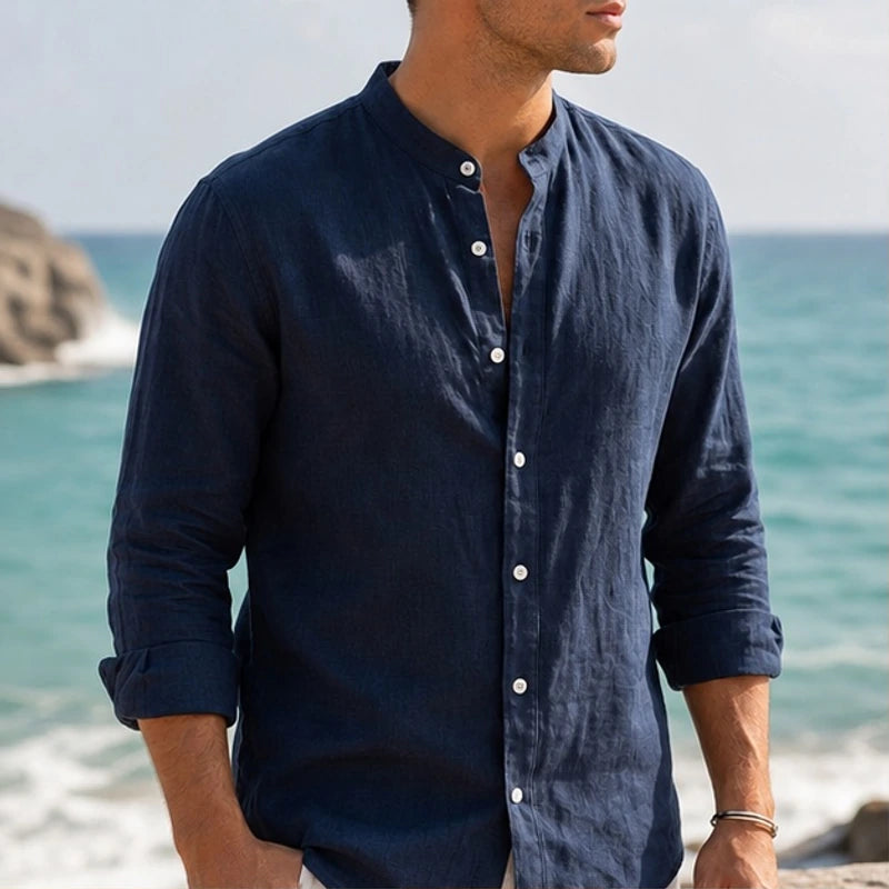 Alden Linen Mandarin Shirt - Midnight Navy - Shirt - Hendlys - Image 1