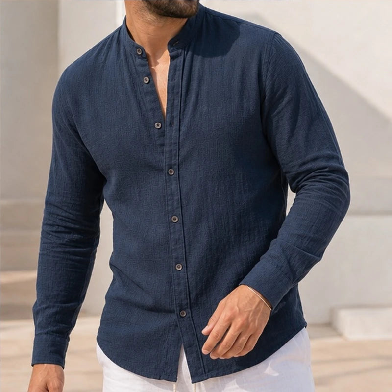 Alden Linen Mandarin Shirt - Charcoal Navy - Shirt - Hendlys - Image 1
