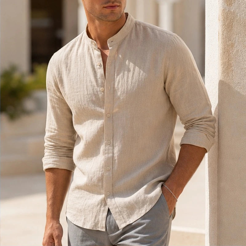 Alden Linen Mandarin Shirt - Sand Beige - men's shirt - Hendlys - Image 2