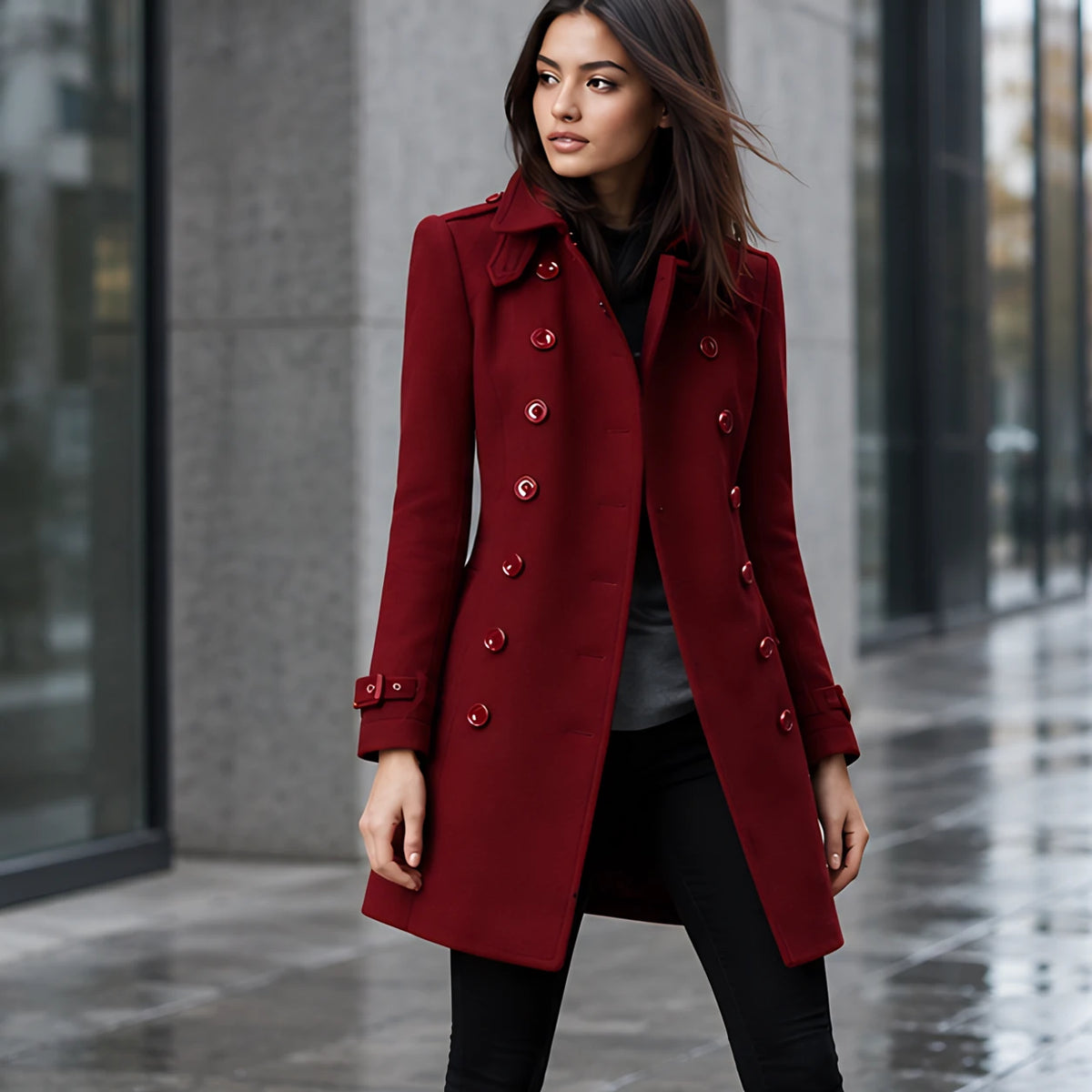 Alessandra Women's Double-Breasted Military Coat - Wine Red - Women's Clothing > Outerwear > Coats - Hendlys - Image 1
