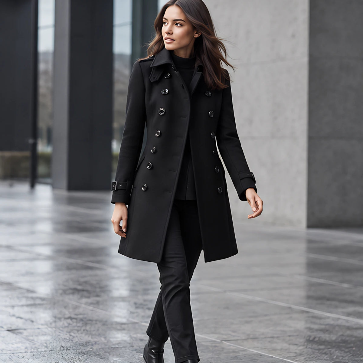 Alessandra Women's Double-Breasted Military Coat - Black - Women's Clothing > Outerwear > Coats - Hendlys - Image 1
