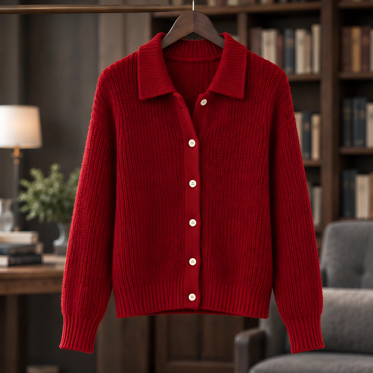 Althea Women's Waffle-Knit Collared Cardigan - Red - Knitwear - Hendlys - Image 3