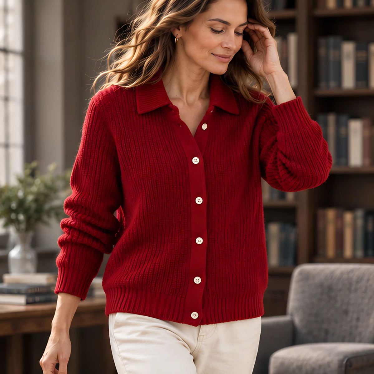 Althea Women's Waffle-Knit Collared Cardigan - Red - Clothing - Hendlys - Image 2