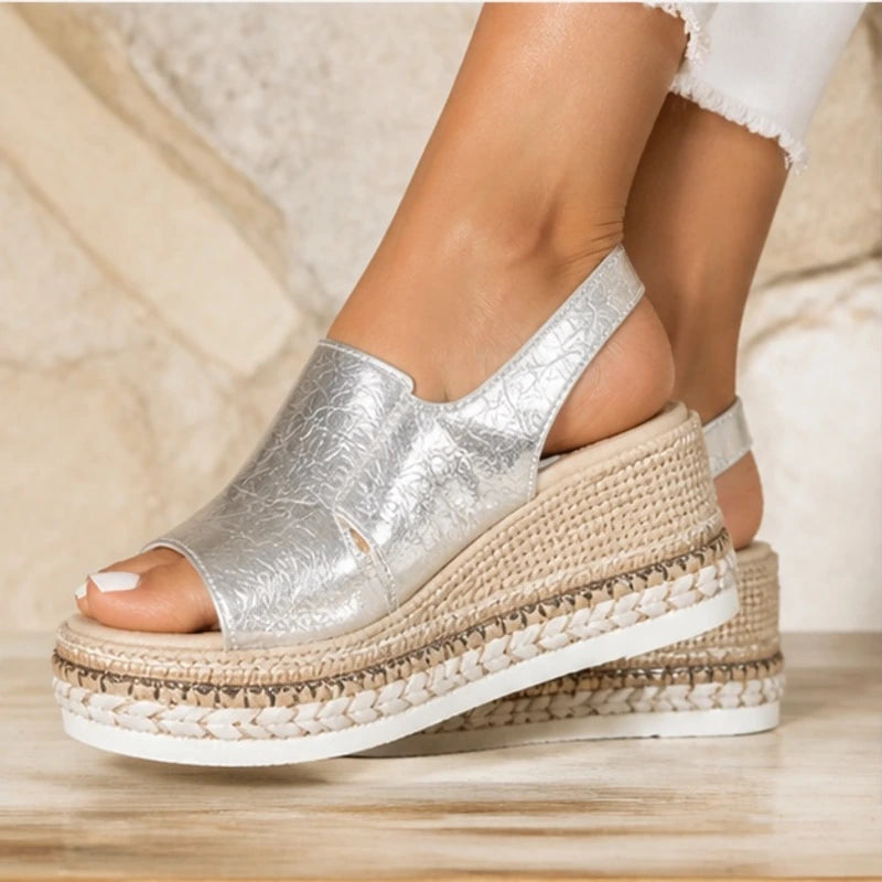 Amara Metallic Cushioned Wedge Sandals - Silver - Women's Footwear > Sandals > Wedge Sandals - Hendlys - Image 1