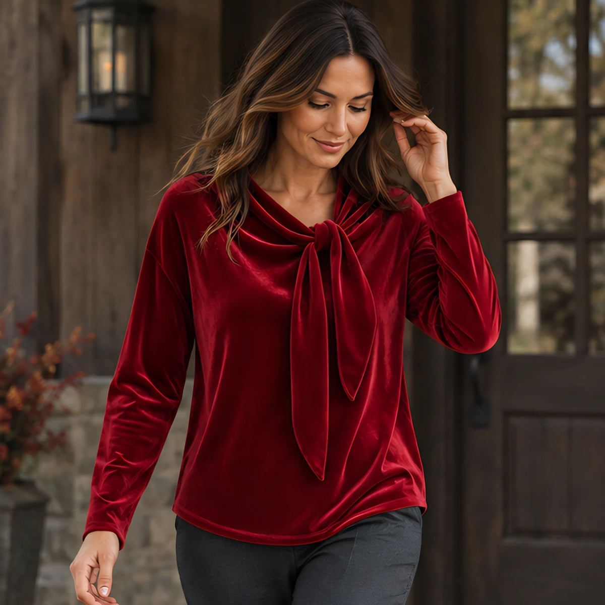 Antonia Women's Velvet Bow-Neck Blouse - Wine Red - CLO - Hendlys - Image 2