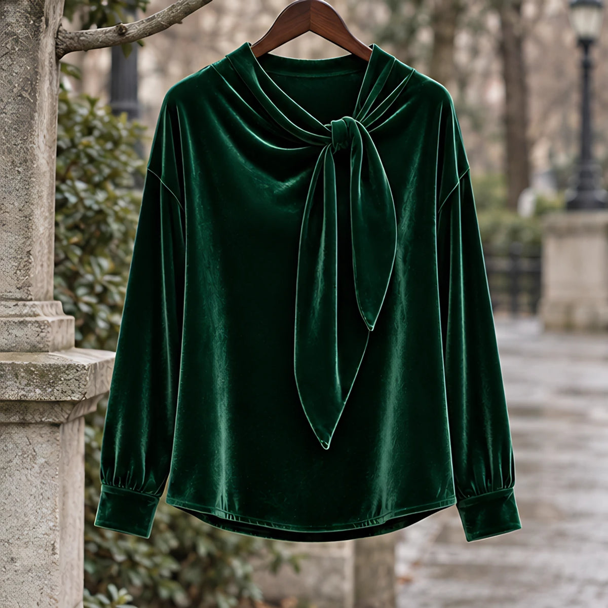 Antonia Women's Velvet Bow-Neck Blouse - Dark Green - CLO-TOP-BLOUSE - Hendlys - Image 3