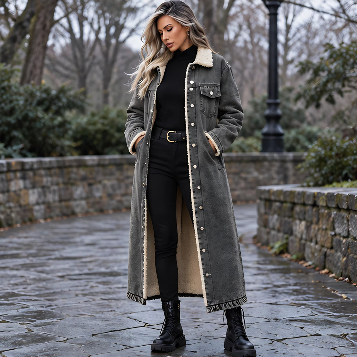 Anya Women's Fleece Lined Denim Coat - Gray - Women's Clothing > Outerwear > Denim Coats - Hendlys - Image 1