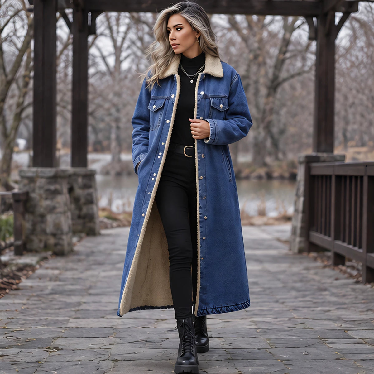 Anya Women's Fleece Lined Denim Coat - Deep Blue - 23 sept - Hendlys - Image 2