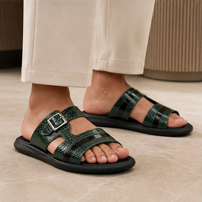 Auremont Croc-Embossed Slide Sandals - Dark Green - Sandals - Hendlys - Image 1