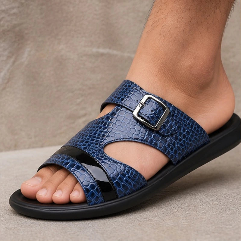 Auremont Croc-Embossed Slide Sandals - Marine Blue - Sandals - Hendlys - Image 1