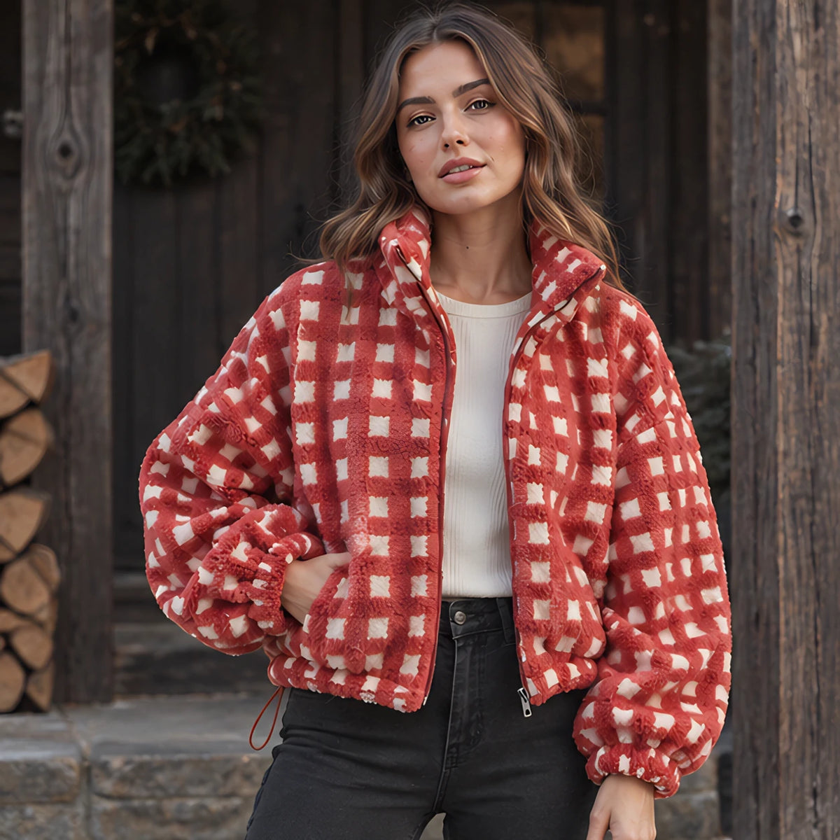Avenza Women's Check Sherpa Fleece Jacket - Teracotta Check - Women's Clothing > Outerwear > Fleece Jackets - Hendlys - Image 1