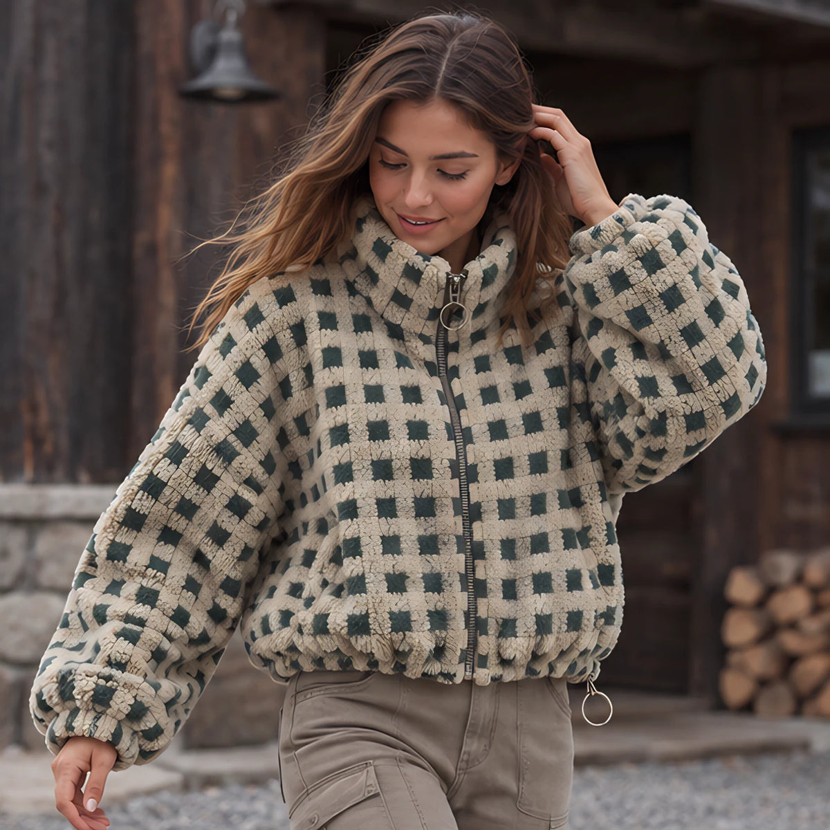 Avenza Women's Check Sherpa Fleece Jacket - Olive Check - Sherpa Jacket - Hendlys - Image 2