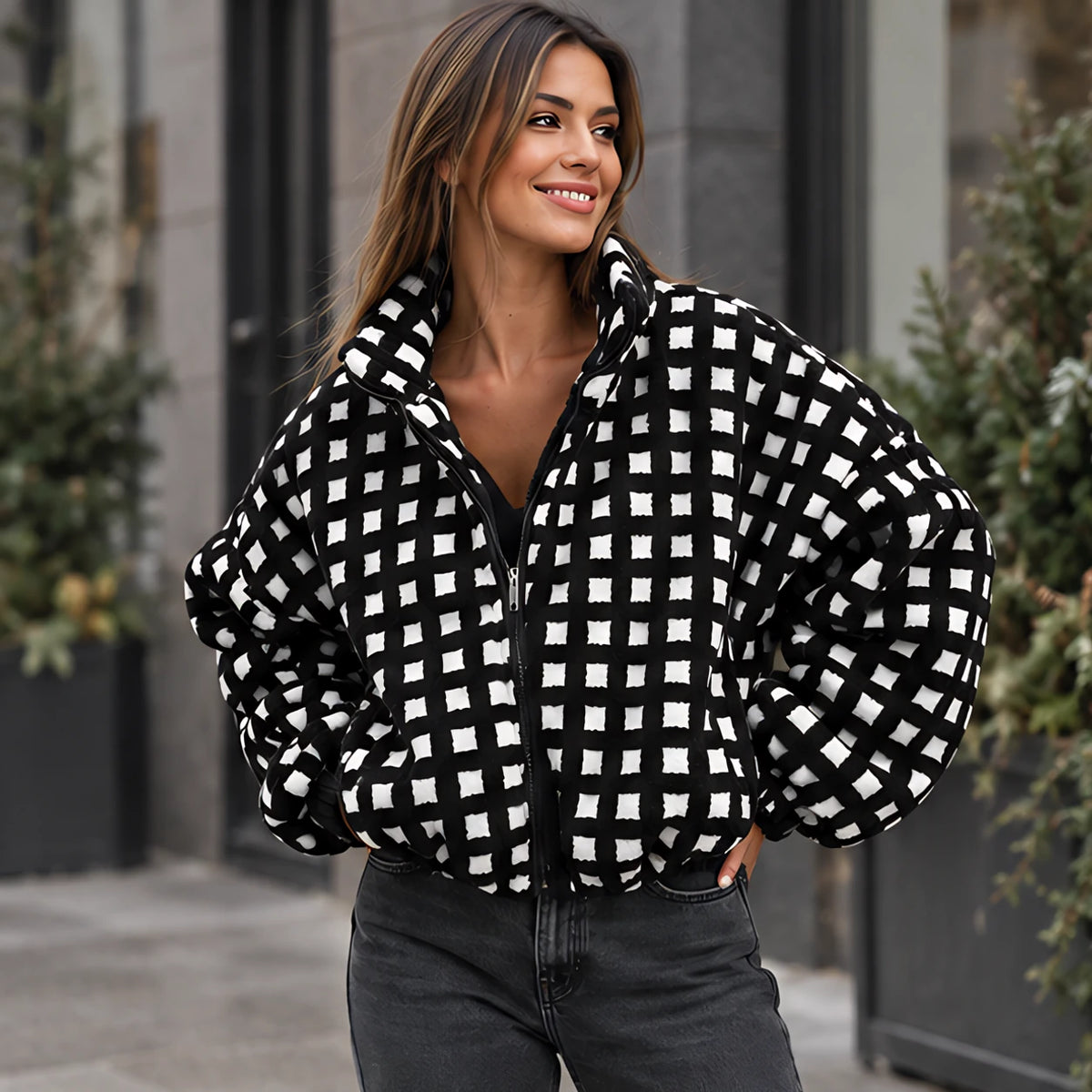Avenza Women's Check Sherpa Fleece Jacket - Black Check - Women's Clothing > Outerwear > Fleece Jackets - Hendlys - Image 1