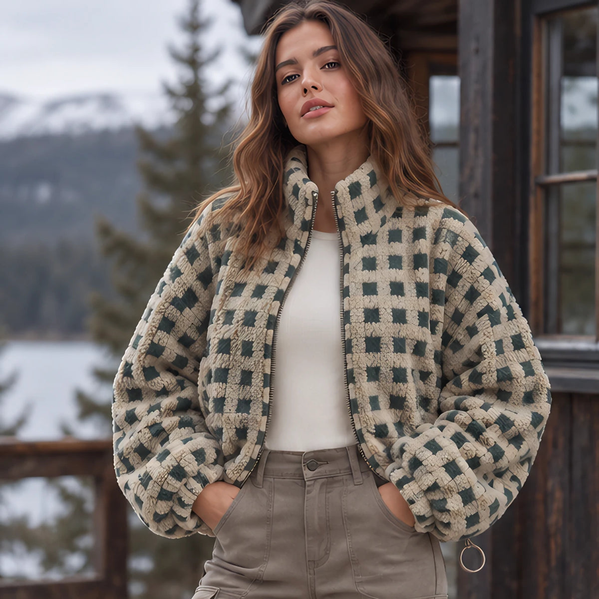 Avenza Women's Check Sherpa Fleece Jacket - Olive Check - Women's Clothing > Outerwear > Fleece Jackets - Hendlys - Image 1