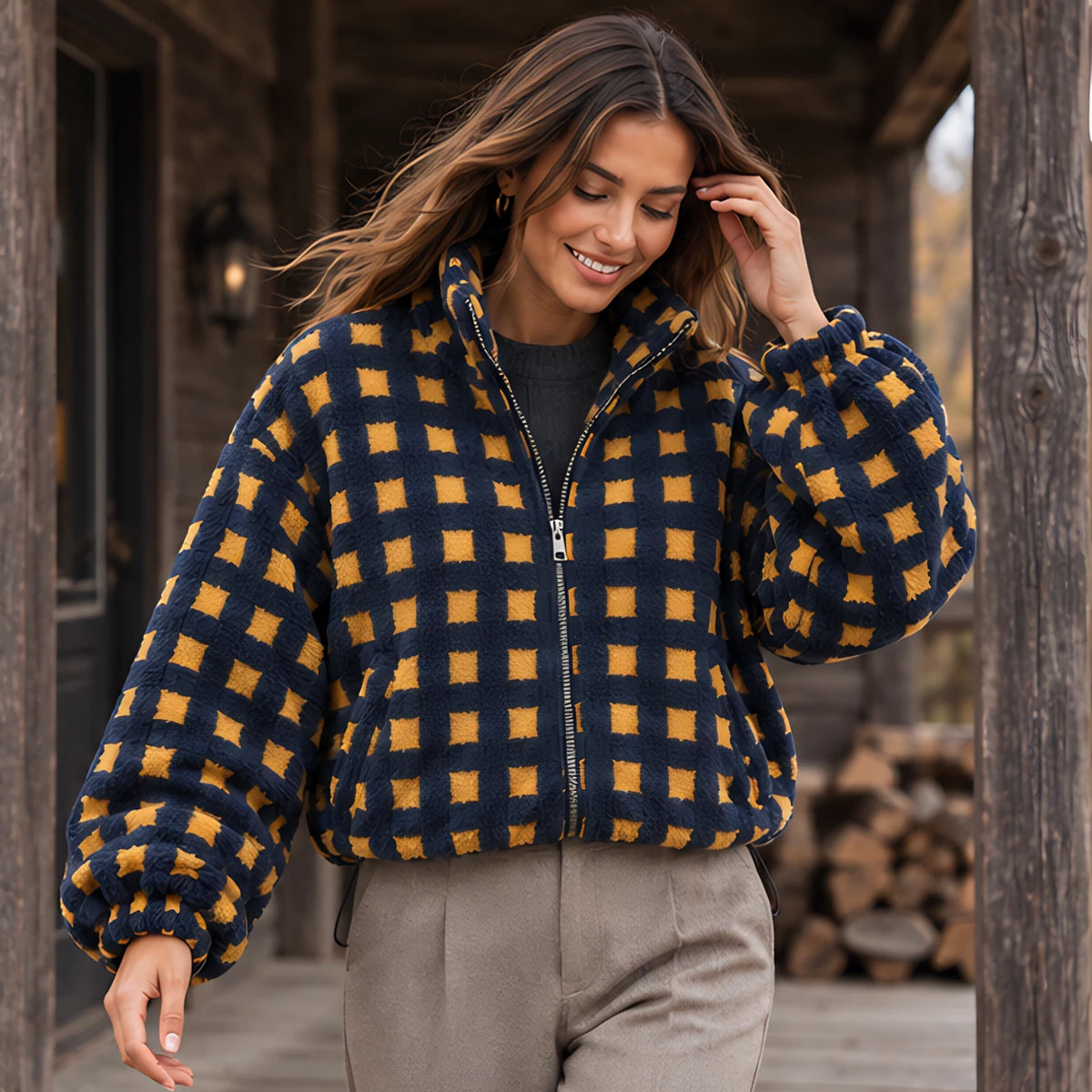Avenza Women's Check Sherpa Fleece Jacket - Navy Check - Sherpa Jacket - Hendlys - Image 2