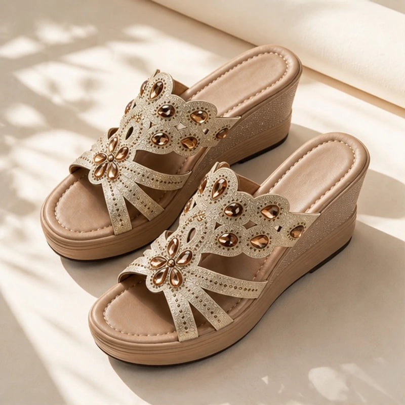 Avessa Rhinestone Wedge Sandals - Champagne - wedge sandals - Hendlys - Image 3